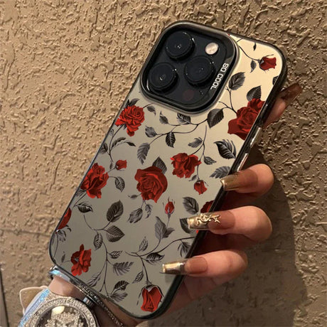 Back side of a sleek phone case for samsung galaxy with a vibrant red rose and black leaf pattern on off-white background