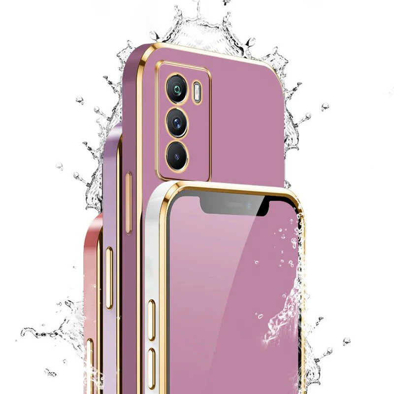 Sleek pink smartphone with gold accents and multiple camera lenses.