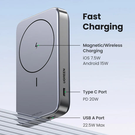 Sleek portable battery pack with wireless charging capability and multiple ports.