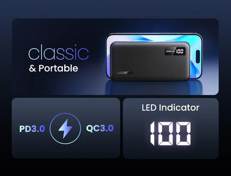 Sleek portable power bank with LED display and fast charging capabilities.