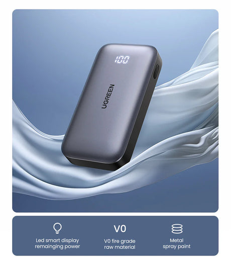 Sleek portable power bank with digital display showing battery percentage.