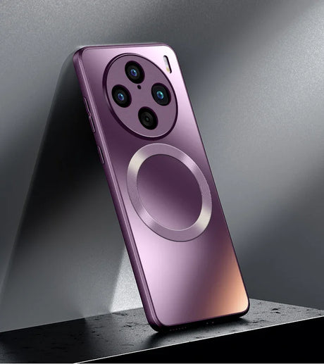 Sleek purple smartphone with a circular camera array and a prominent ring on its back.