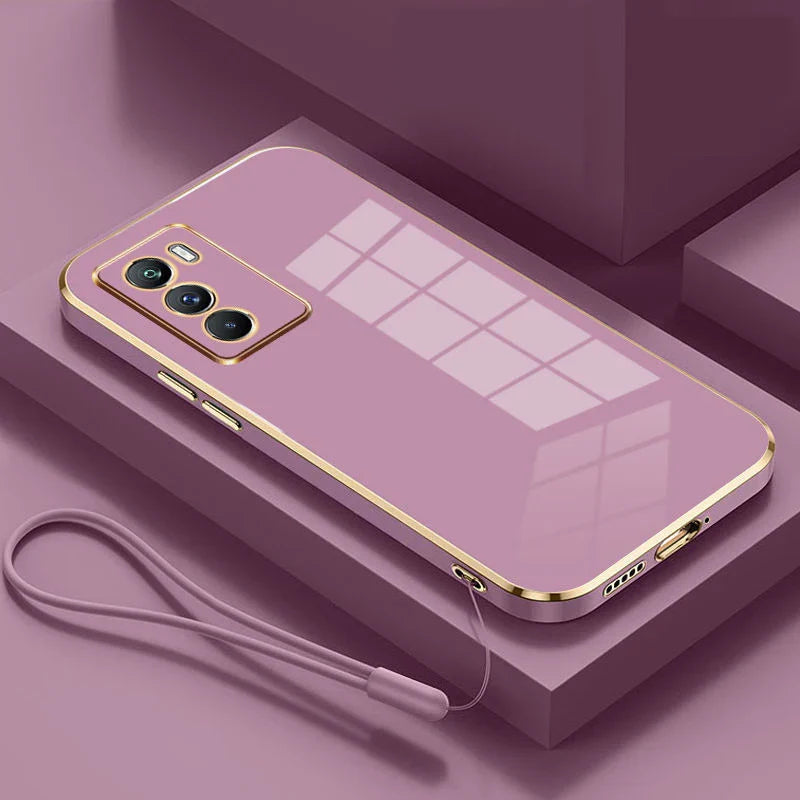 Sleek purple smartphone with a triple-camera setup and gold trim.