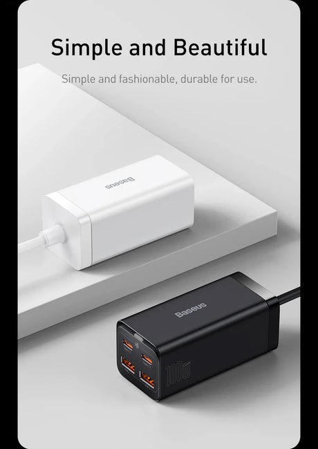 Sleek, rectangular power bank or charger with multiple USB ports in white and black versions.