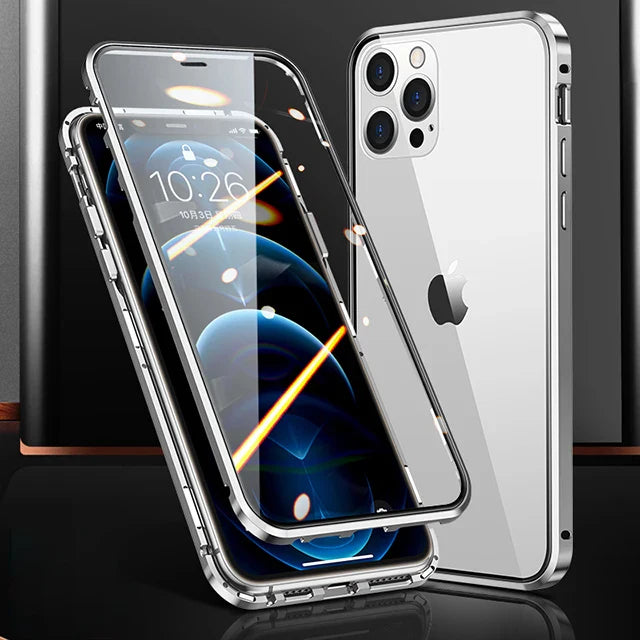 Sleek silver iPhone with a transparent protective case showcasing its multiple camera lenses.