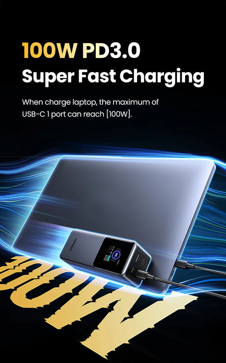 Sleek silver laptop with a smartwatch charging on its surface, surrounded by blue light effects and text highlighting 100W PD3.0 Super Fast Charging capabilities.