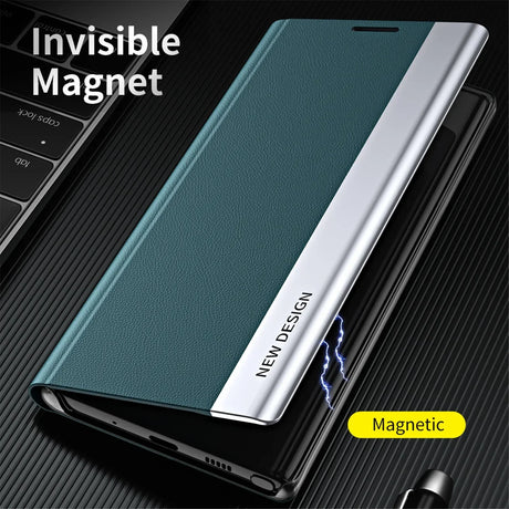 Sleek smartphone case with a teal cover and silver edge featuring magnetic closure technology.