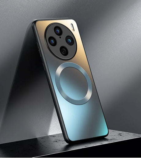 Sleek smartphone with a distinctive circular camera array and a large ring-shaped element on its back panel.