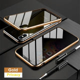 Sleek smartphone with a gold-edged privacy screen protector and reflective black surface.