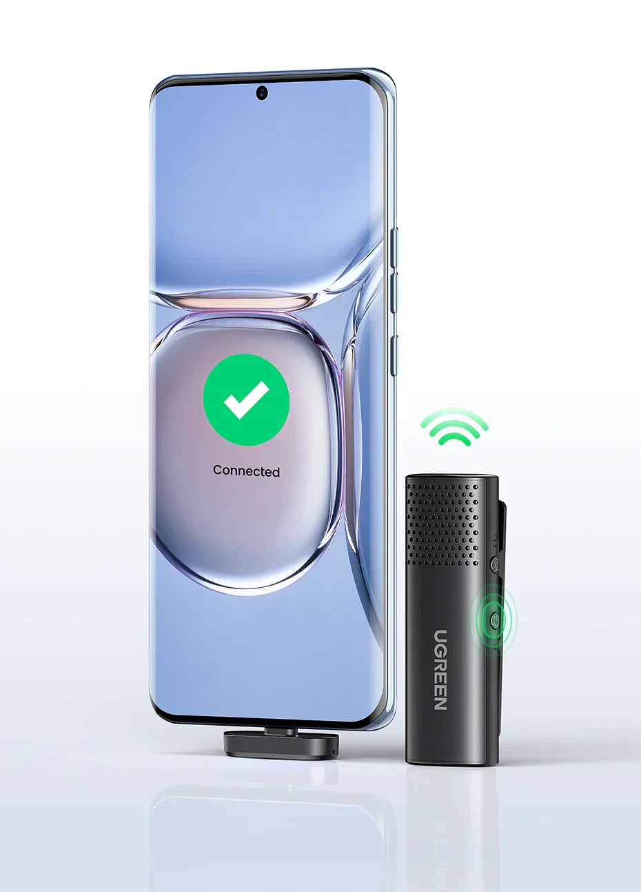 Sleek smartphone displaying a green checkmark icon, positioned next to a cylindrical wireless device.