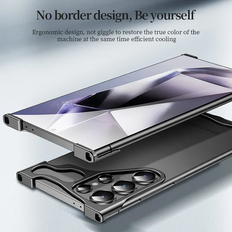 Sleek smartphone or mobile device with a borderless design and multiple camera lenses.