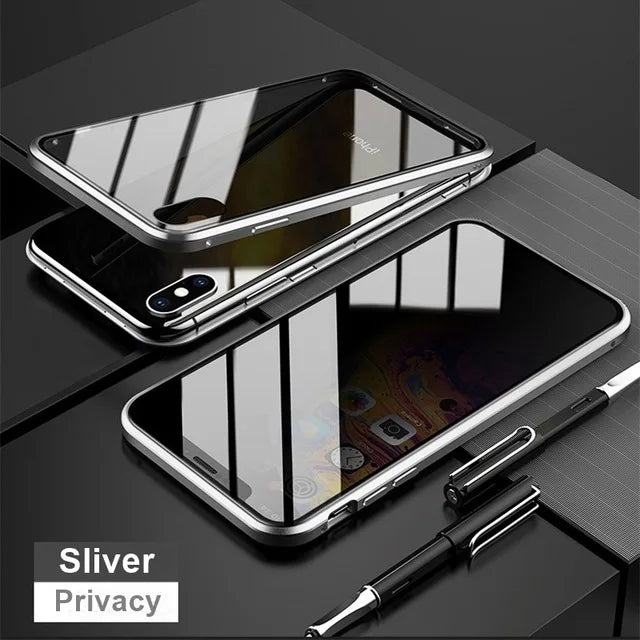 Sleek smartphone with a reflective silver privacy screen protector.