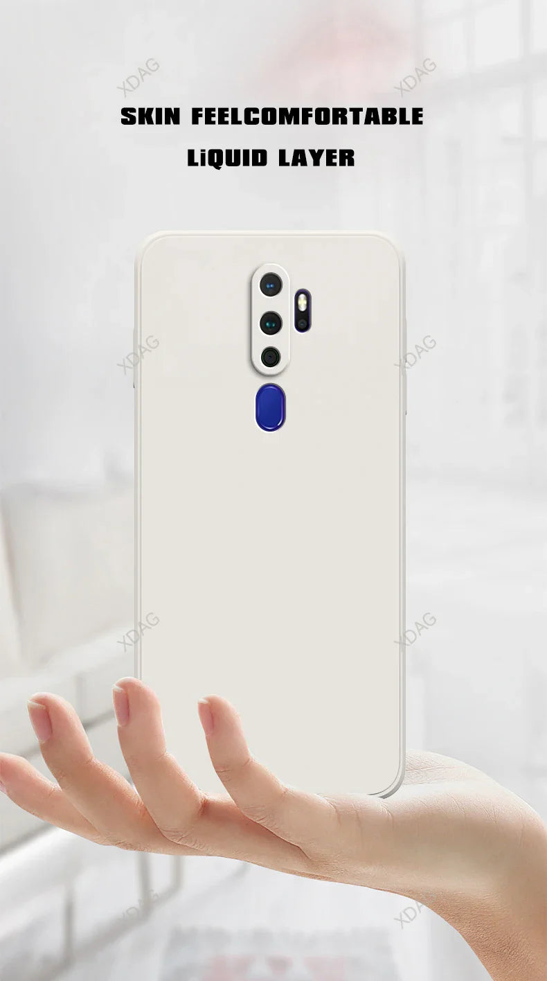 Back of a sleek white straight edge silicone phone case with skin-like texture and blue accent for oppo a5 a9 a11 a11x 5g