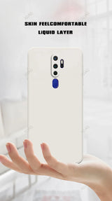 Back of a sleek white straight edge silicone phone case with skin-like texture and blue accent for oppo a5 a9 a11 a11x 5g