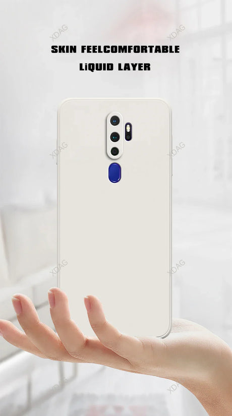 Back of a sleek white straight edge silicone phone case with skin-like texture and blue accent for oppo a5 a9 a11 a11x 5g