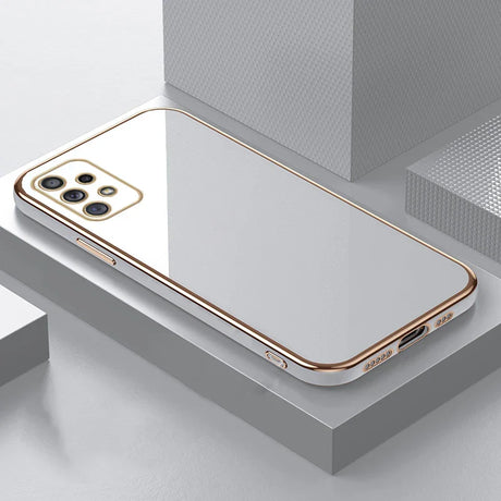 Sleek white smartphone with a gold-trimmed edge and multiple camera lenses.