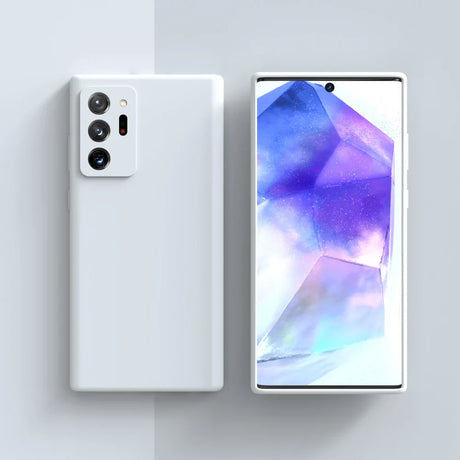 Sleek white smartphone with a triple-camera setup and a colorful abstract display.