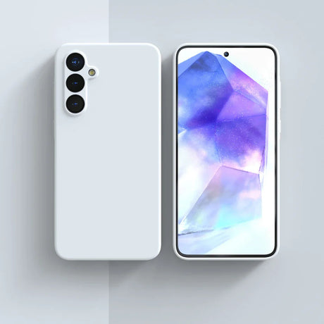 Sleek white smartphone with a triple-camera setup next to its display screen showing a colorful abstract design.