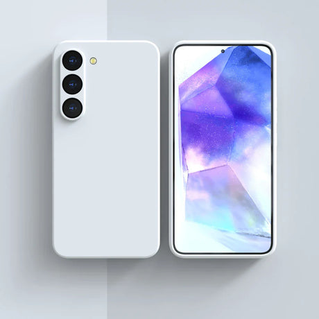 Sleek white smartphone with a triple-camera setup and a vibrant purple-blue display.