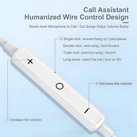 Sleek white wired earphone control panel with buttons for various functions.