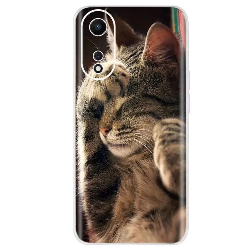 a cat looking at the camera phone case