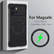 Slim black smartphone case with a circular MagSafe charging area and dual camera cutout.