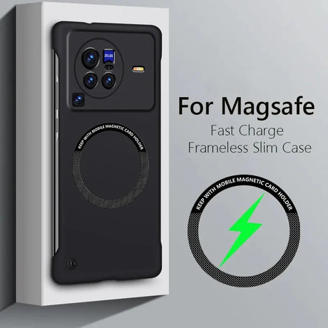 Slim black smartphone case with a circular magnetic charging area and multiple camera lenses.