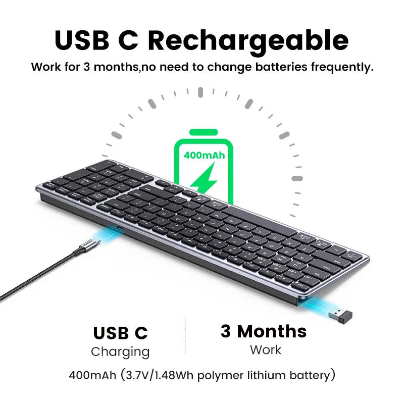 Slim, black wireless keyboard with USB-C charging capability.