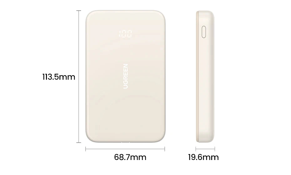 Slim, rectangular portable power bank or external battery charger in white.