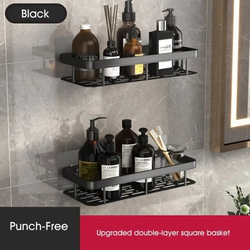 a bathroom shelf with two shelves on it