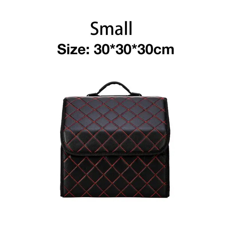 a black backpack with red and black squares on it
