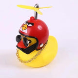 a yellow bird with a red helmet and a yellow chain