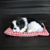 a small black and white dog sleeping on a red and white checkered blanket