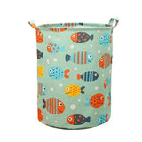 a small green fabric storage bag with colorful fish print