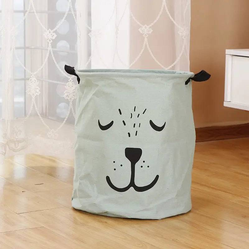 a small white dog toy storage bag on a wooden floor