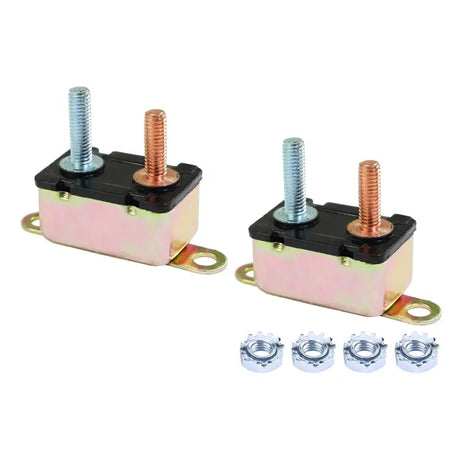 two small metal switches with screws and nuts on a white background