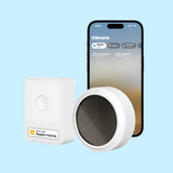 Smart home climate control system featuring a smartphone, thermostat, and Apple Home device.