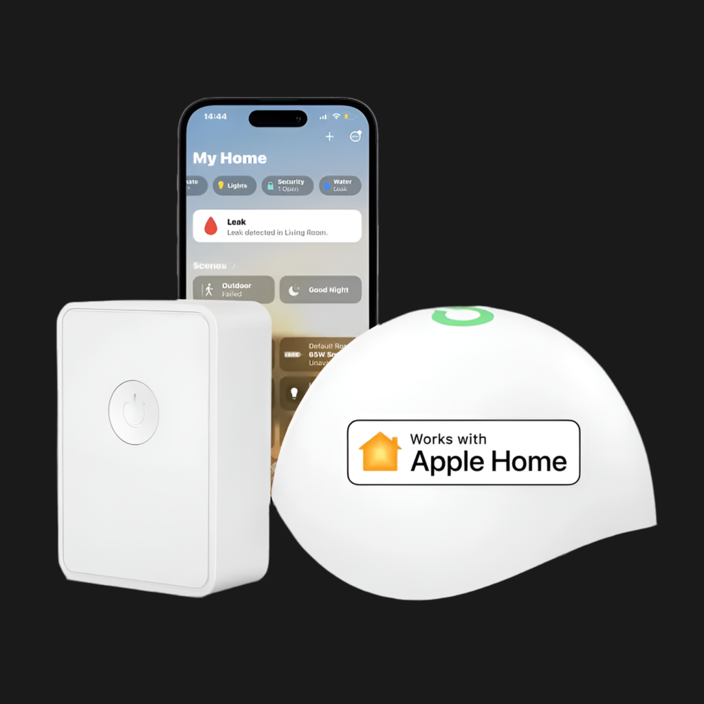 Smart home devices compatible with Apple Home, including a smartphone displaying the app interface, a white rectangular sensor or hub, and a dome-shaped device.