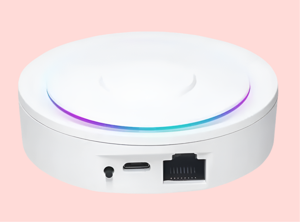 Smart home hub or voice assistant device with a glowing LED ring.