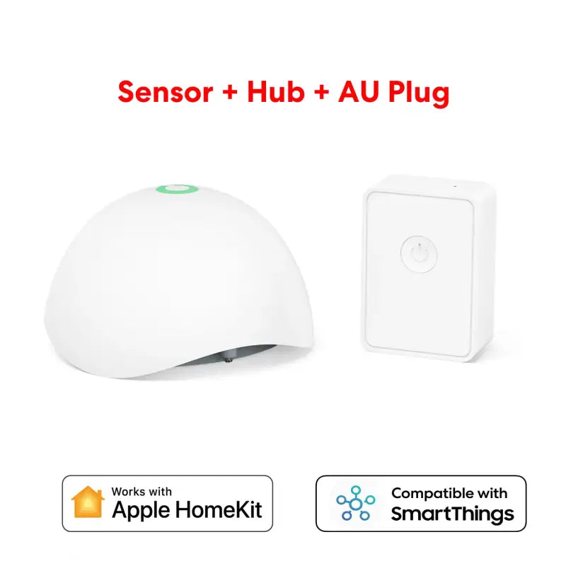 the smart home security device with a white cover and a green button