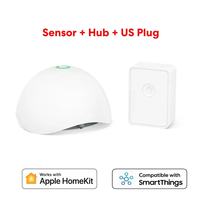 The smart home security device with a white cover and a green button