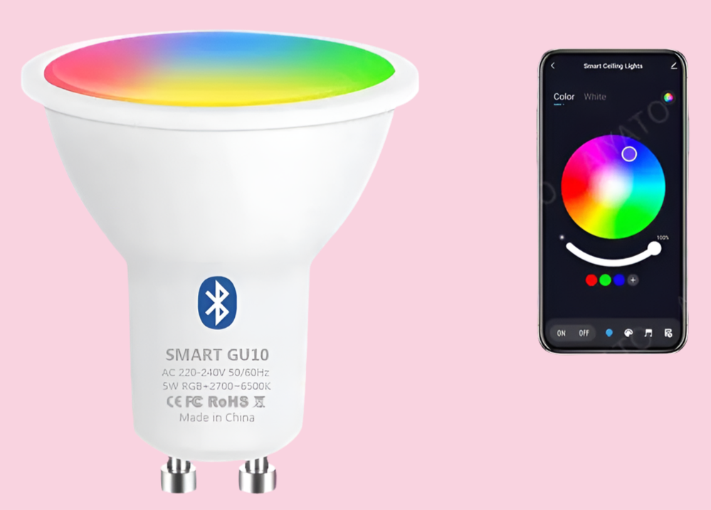 Smart LED light bulb with Bluetooth connectivity and color-changing capabilities.