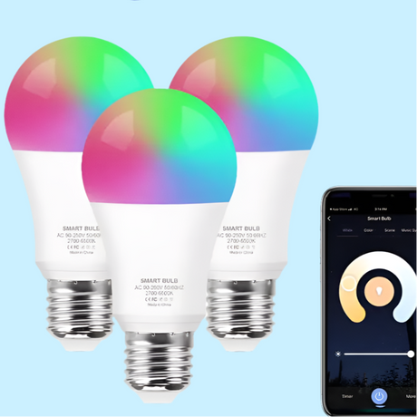 Smart LED light bulbs with multicolor capabilities controlled by a smartphone app.