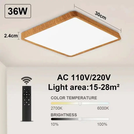 a ceiling light with a wooden frame and a white light