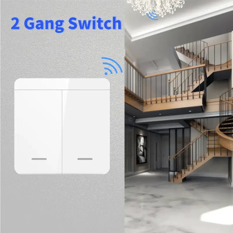 A smart light switch with a staircase in the background