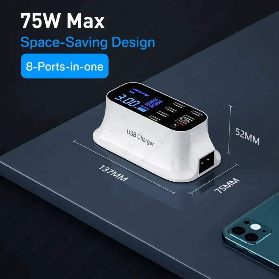 the 7w max space saving device is shown with the phone and the 5w max