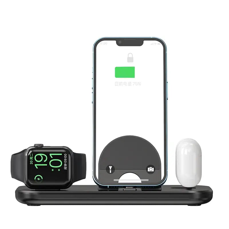 an apple watch and charging station with an iphone