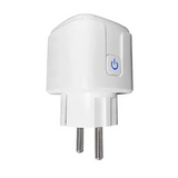 Smart plug with a power button and two-prong electrical connector.