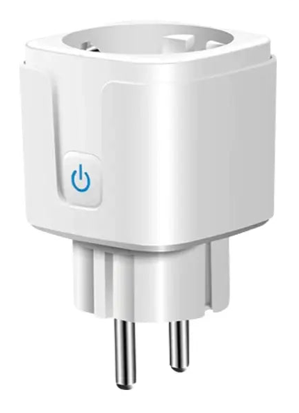 Smart plug with a power button and European-style electrical prongs.