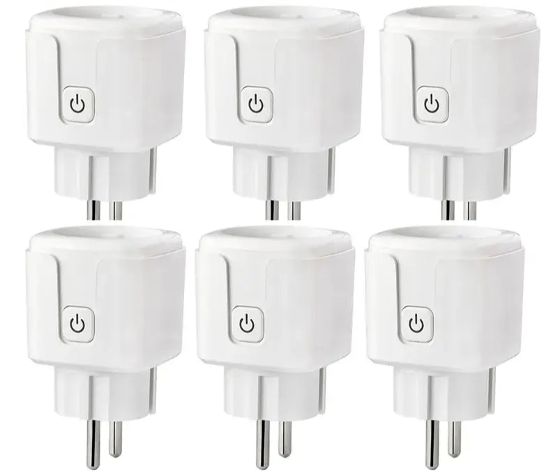 Smart plugs with power buttons arranged in two rows of three.